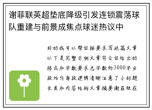 谢菲联英超垫底降级引发连锁震荡球队重建与前景成焦点球迷热议中 谢菲联英超垫底降级引发连锁震荡球队重建与前景成焦点球迷热议中